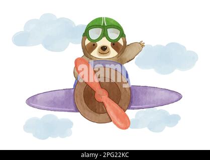 Sloth orso guidare l'aereo su cielo . Vernice acquerello realistica con carta testurizzata . Disegno di carattere di cartone animato . Vettore . Illustrazione Vettoriale