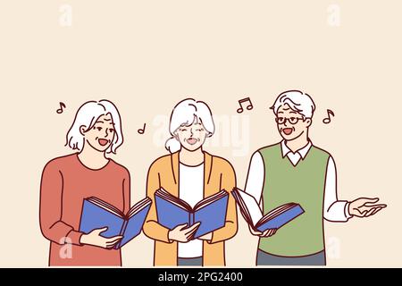 Chorus anziani uomini e donne con libri di lavoro in mani cantare canzoni insieme e godere la vecchiaia. Le persone dai capelli grigi dell'ensemble cantano facendo il hobby preferito o dando il concerto musicale Illustrazione Vettoriale