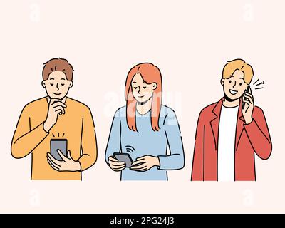 Persone diverse utilizzano i gadget comunicare online. Gruppo di uomini e donne multirazziali messaggio o parlare sui cellulari. Comunicazione e tecnologia. Illustrazione vettoriale. Illustrazione Vettoriale