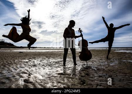 Ballerini dalla silhouette e violoncellisti sulla spiaggia di Cape Cod Foto Stock