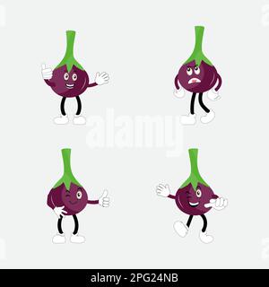 Carino melanzana carattere illustrazione vettore. Melanzane piatte cartone animato ondulazione carattere. Minimo disegno di frutta di melanzana viola per i libri di bambini Illustrazione Vettoriale