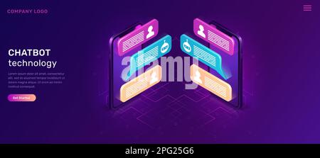 Chat bot o chat mobile, illustrazione isometrica del vettore concettuale. Icone sms di dialogo o fumetti di testo sugli schermi di due smartphone rivolti l'uno verso l'altro, isolati su sfondo viola, ultravioletto Illustrazione Vettoriale