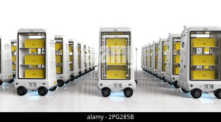 3d gruppo di robot di magazzino o di assistenti robotici che consegnano le confezioni Foto Stock
