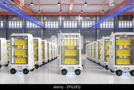 3d gruppo di robot di magazzino o di assistenti robotici che consegnano le confezioni Foto Stock