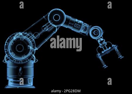 braccio robotico trasparente ai raggi x con rendering 3d su sfondo nero Foto Stock