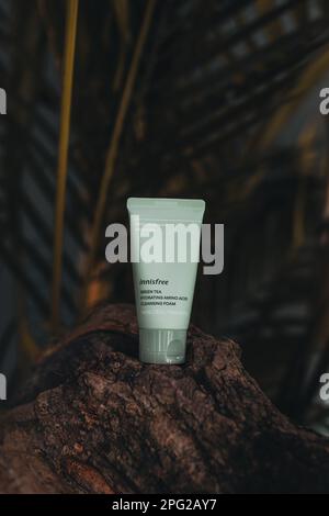 Schiuma detergente per tè verde Innisfree coreana su sfondo tropicale. Prodotto per la cura della pelle Foto Stock