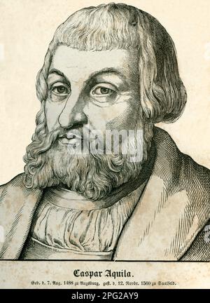 Europa, Deutschland, Bayern, Augusta, Caspar Aquila, Porträt, luterischer Theologe, Motiv aus : Zweihundert Bildnisse und Lebensbeschreibungen berühmter deutscher Männer, Verlag von Georg Wigand , Lipsia, 1857 . / Europa, Germania, Baviera, Augusta, Caspar Aquila, Teologo luteriano tedesco, ritratto, immagine di : Zweihundert Bildnisse und Lebensbeschreibungen berühmter deutscher Männer ( ritratti e biografie ben noti tedeschi ) , casa editrice Georg Wigand, Lipsia, 1857 . Foto Stock