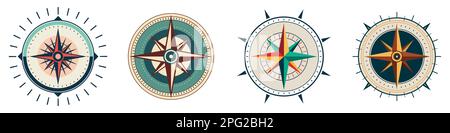 Icone bussola impostate. Icone della bussola vettoriale. Icone carine della bussola. Simboli della bussola. Illustrazione Vettoriale