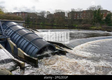 Sistema idroelettrico che utilizza il potere idrico di una diga esistente per produrre energia elettrica nella rete nazionale,. Costruito sul fiume Ayr, Ayrshire, Foto Stock