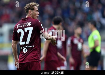 Torino, Italia. 19th Mar, 2023. Mergim Vojvoda di Torino FC gesta durante la Serie Amatch tra Torino FC e SSC Napoli allo Stadio Olimpico il 19 marzo 2023 a Torino. Credit: Marco Canoniero/Alamy Live News Foto Stock