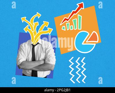 Collage d'arte con un uomo irriconoscibile e carte finanziarie. Concetto di gestione delle idee. Foto Stock