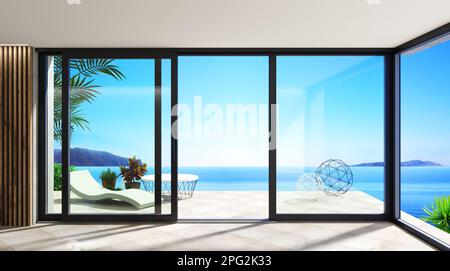 Automatico porte scorrevoli nere mare villa patio facciata mockup Foto Stock