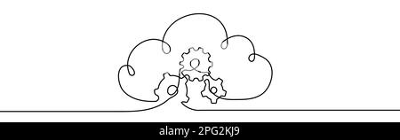 Cartello sulla tecnologia cloud. Coperchi con ingranaggi. Cloud computing, concetto di big data. Illustrazione continua del vettore a una linea. Illustrazione Vettoriale
