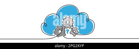 Cartello sulla tecnologia cloud. Coperchi con ingranaggi. Cloud computing, concetto di big data. Illustrazione continua del vettore a una linea. Illustrazione Vettoriale