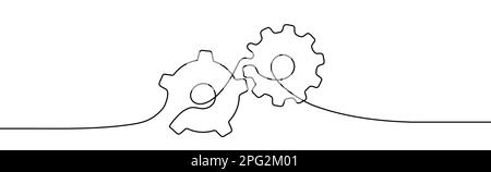Ingranaggi disegno a una linea. Un'illustrazione in linea continua delle ruote dentate. Due ingranaggi dentati mobili. Illustrazione vettoriale. Illustrazione Vettoriale