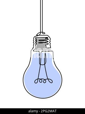 Lampadina accesa sospesa dall'alto. Blu continuo disegno di una linea della lampadina elettrica. Concetto di idea di emergenza. Illustrazione vettoriale. Illustrazione Vettoriale