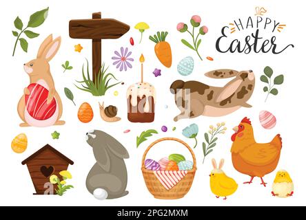Set di elementi pasquali uova, pollo e polli, coniglio, fiori, salice, rametti, cestello, piastra. Ideale per la decorazione delle vacanze e adesivi Illustrazione Vettoriale