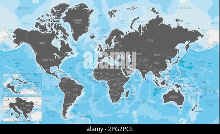 Illustrazione vettoriale mappa mondiale estremamente dettagliata. Livelli modificabili ed etichettati in modo chiaro. Illustrazione Vettoriale