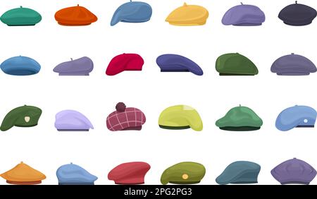 Le icone Beret impostano il vettore dei cartoni animati. Cappello francese. Lana di pittore Illustrazione Vettoriale