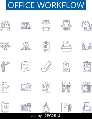 Set di simboli delle icone delle righe del flusso di lavoro di Office. Progettare la raccolta di workflow, Office, Process, Automation, Management, Concetto di attività, efficienza, struttura del sistema Illustrazione Vettoriale