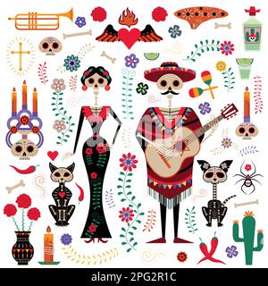 Messico Day of the Dead Design Elements Set Illustrazione Vettoriale