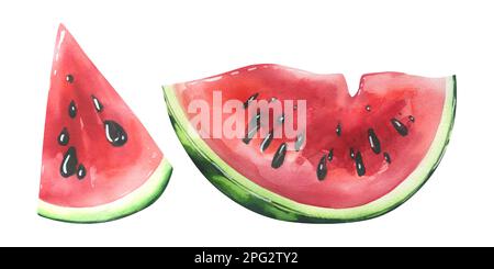 Pezzi di anguria grandi e piccoli. Illustrazione acquerello. Oggetti isolati dalla collezione BEACH HOLIDAY. Per la decorazione e la progettazione di ricette Foto Stock