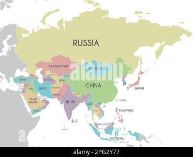 Illustrazione vettoriale della mappa dell'Asia politica isolata su sfondo bianco. Livelli modificabili ed etichettati in modo chiaro. Illustrazione Vettoriale