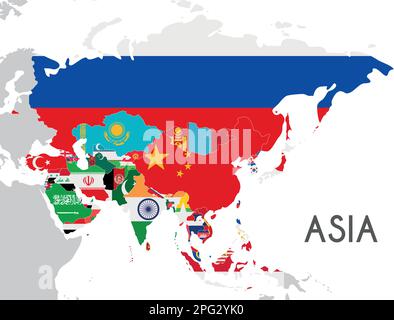 Asia politica Mappa illustrazione vettore con le bandiere di tutti i paesi. Livelli modificabili ed etichettati in modo chiaro. Illustrazione Vettoriale