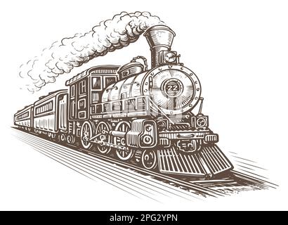 Treno retrò in movimento disegnato a mano, schizzo. Locomotiva a vapore d'epoca in stile di antica incisione. Illustrazione vettoriale Illustrazione Vettoriale