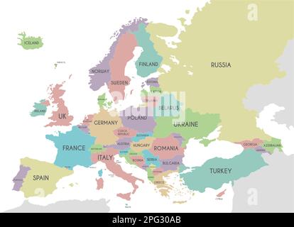 Europa politica Cartina illustrazione vettoriale isolata su sfondo bianco. Livelli modificabili ed etichettati in modo chiaro. Illustrazione Vettoriale
