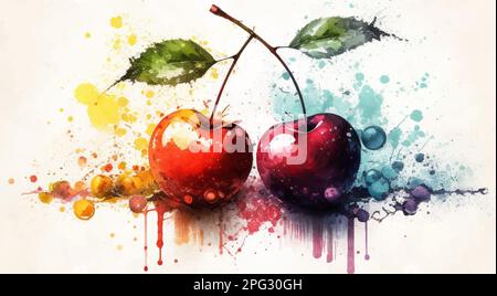 Acquerello in ciliegio disegnato a mano, su sfondo bianco. Illustrazione vettoriale. Illustrazione Vettoriale