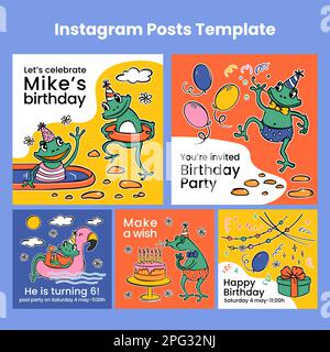 COMPLEANNO IG POST RANE allegre anfibi con torta e regalo invita gli amici a Una festa Cartoon in stile piatto e il tuo testo Square Templates per Soci Illustrazione Vettoriale