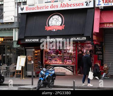 Boucherie des Abesses, nella zona di Montmartre di Parigi, reso famoso dal film, Amelie Foto Stock