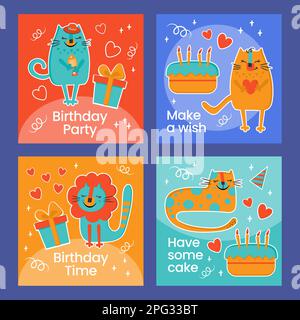 COMPLEANNO IG POST GATTI allegro animale domestico con torta e regalo invita gli amici a Un compleanno partito Cartoon in stile piatto e il tuo testo quadrato modelli per Soc Illustrazione Vettoriale