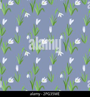 Motivo botanico senza cuciture di gocce di neve su bacground blu Illustrazione Vettoriale