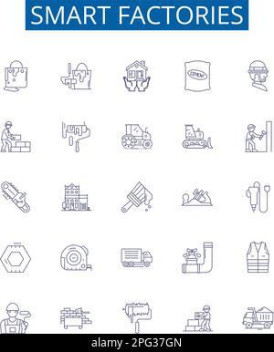 Set di simboli per le icone delle fabbriche intelligenti. Progettare la raccolta di Smart, Factory, Automation, Robotics, IoT, Ai, industria, 40 vettore di concetto di contorno Illustrazione Vettoriale