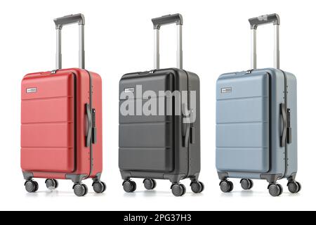 Valigie di diversi colori isolate su sfondo bianco. illustrazione 3d Foto Stock