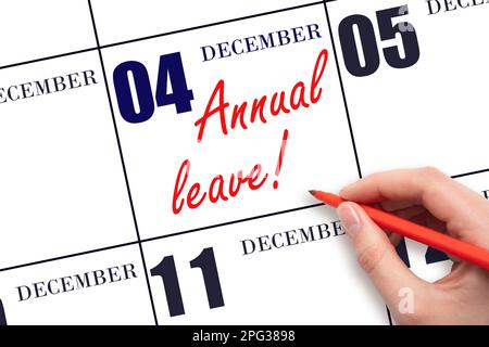 4th° giorno di dicembre. Scrivere a mano il testo CONGEDO ANNUALE e disegnare il sole sulla data di calendario 4 dicembre. Salvare la data. Tempo per le vacanze. vca Foto Stock