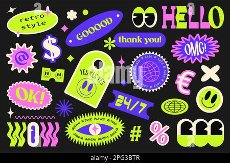 Collezione di etichette promozionali alla moda, adesivi, francobolli per lo shopping e l'imballaggio, sconti. Trend moderno del set vettoriale Y2K Illustrazione Vettoriale