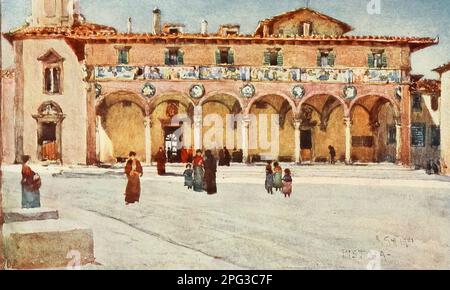 Ospedale 'del ceppo', Pistoia con il fregio in terracotta di Giovanni della Robbia, e la porta della Cappella dipinta dal colonnello Robert Charles Goff dal libro 'Firenze & alcune città toscane' di Clarissa Goff pubblicato da A & C Black nel 1905 Foto Stock