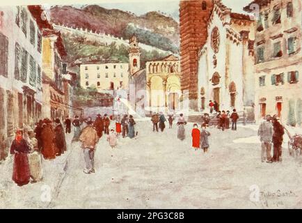 La Piazza, pietra Santa, vicino Viareggio, mostra il Duomo e le antiche mura Uno studio in primavera. Dipinto dal colonnello Robert Charles Goff dal libro " Firenze & alcune città toscane " di Clarissa Goff pubblicato da A & C Black nel 1905 Foto Stock