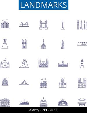 Punti di riferimento icone linee segni impostati. Collezione di disegni di Monumenti, statue, strutture, edifici, palazzi, Rovine, Templi, architettura contorno concetto Illustrazione Vettoriale