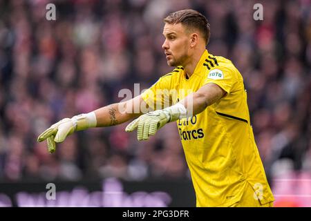 AMSTERDAM, PAESI BASSI - MARZO 19: Il portiere Timon Wellenreuther di Feyenoord durante la partita olandese di Eredivie tra Ajax e Feyenoord a Johan C. Foto Stock