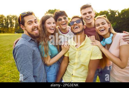 Ritratto di sei giovani amici maschili e femminili felici e spensierati nel parco nelle giornate di sole. Foto Stock