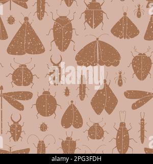Modello vettoriale senza cuciture con insetti, falene, insetti, formiche, libellule. Sfondo senza fine alla moda. Illustrazione Vettoriale