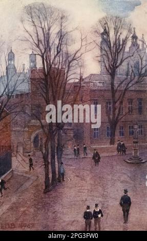 Scuola superiore e passeggiata lunga da Common Lane House dietro le tre lime è la porta di Weston's Yard. A destra si trova il MR Gaffney's Lodge, dove una volta sorgevano le scuderie del Provost. All'estremo si trova il lampione noto come " Burning Bush". All'estrema sinistra, dove si trovano le nuove scuole, una volta era la casa di Bethell, dove Shelley saliva a bordo. Acquerello di Edith Danvers Brinton, dal libro ' Eton ' di Christopher Reynolds Stone, pubblicato a Londra da A. & C. Black nel 1909. L'Eton College è una scuola pubblica di Eton, Berkshire, Inghilterra. Fu fondata nel 1440 da Enrico VI sotto la na Foto Stock