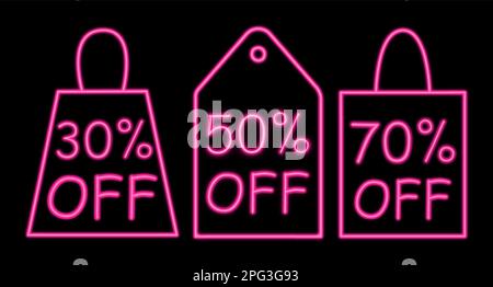 Offerta speciale etichetta sconto con diversa percentuale di vendita neon vettore icona illustrazione. Vendita tag signboard profilo forma con diversi set di sconti. 30, 50, 70% di sconto sul prezzo adesivo con effetto luce rosa al neon incandescente isolato su sfondo scuro. Illustrazione Vettoriale