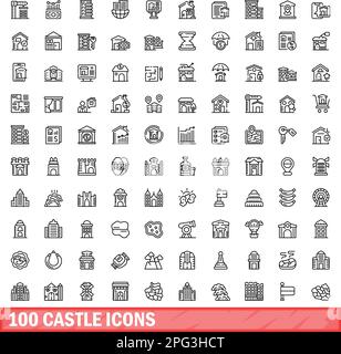 set di 100 icone del castello. Illustrazione di 100 icone del castello set vettoriale isolato su sfondo bianco Illustrazione Vettoriale