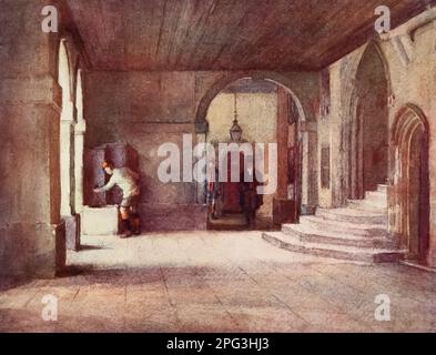 Il Chiostro esterno, sulla sinistra, è il 'Green Yard' o Chiostro Quadrangle. Sulla destra si trova la scala che conduce alla Sala del Collegio e alla Biblioteca. Una vista familiare come il cricketer nella metà di estate è il calciatore assetato nel crepuscolo di autunno TH3, sul suo senso attraverso per bloccare-in su, bevendo al chiostro pompa Watercolor di Edith Danvers Brinton, dal libro ' Eton ' di Christopher Reynolds Stone, Pubblicato a Londra da A. & C. Black nel 1909. L'Eton College è una scuola pubblica di Eton, Berkshire, Inghilterra. Fu fondata nel 1440 da Enrico VI sotto il nome di Kynge's College of Our Ladye of Foto Stock