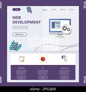 Modello di sito Web della landing page piatta per lo sviluppo Web. Branding, 3D, app mobile. Banner Web con intestazione, contenuto e piè di pagina. Illustrazione vettoriale. Illustrazione Vettoriale